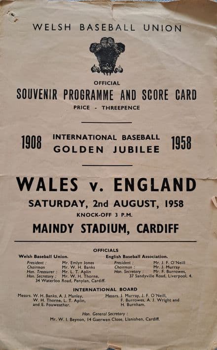 Wales v England Baseball (1958, Aug 2nd)