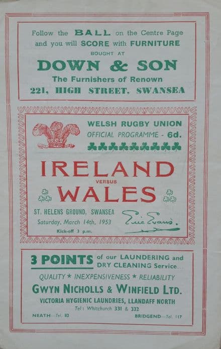 Wales v Ireland (1953, Mar 14th) Good Copy
