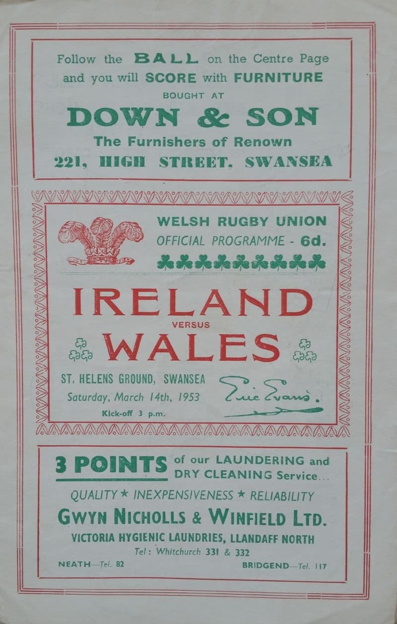 Wales v Ireland (1953, Mar 14th) Good Copy