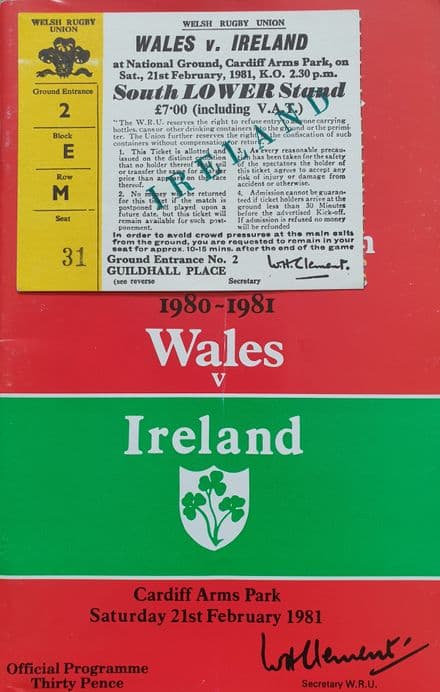 Wales v Ireland Programme (1981, 21st Feb) & Ticket