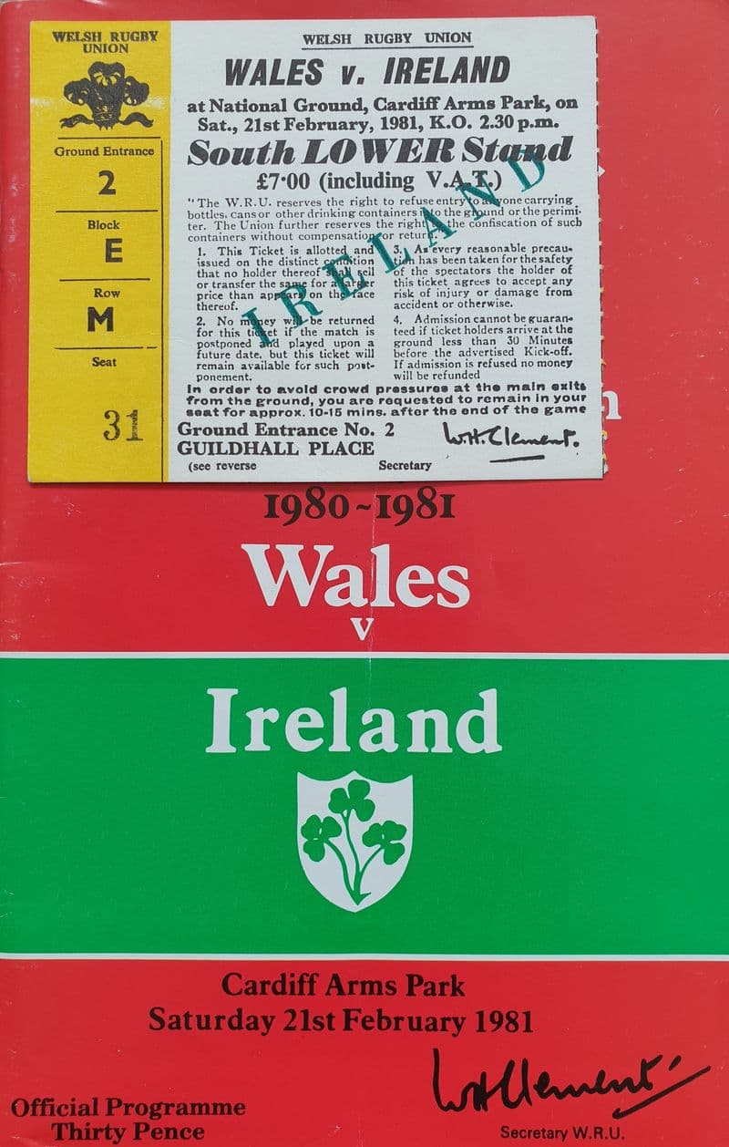 Wales v Ireland Programme (1981, 21st Feb) & Ticket