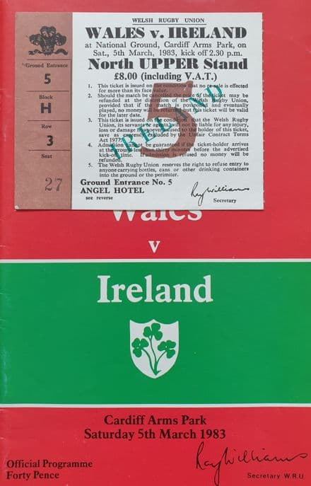 Wales v Ireland Programme (1983, 5th Mar) & Ticket