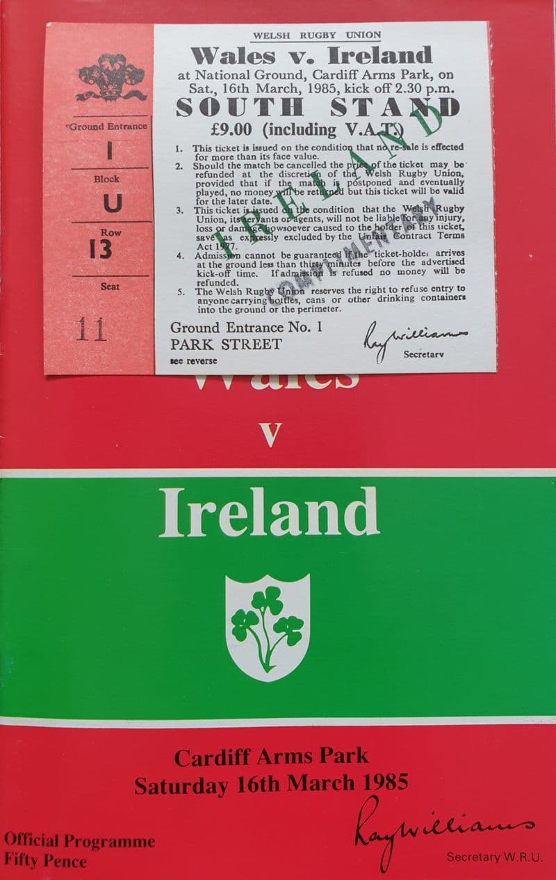 Wales v Ireland Programme (1985, Mar 16th) & Ticket