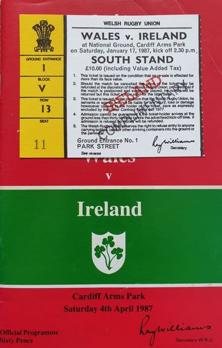 Wales v Ireland Programme (1987, 4th Apr) & Ticket