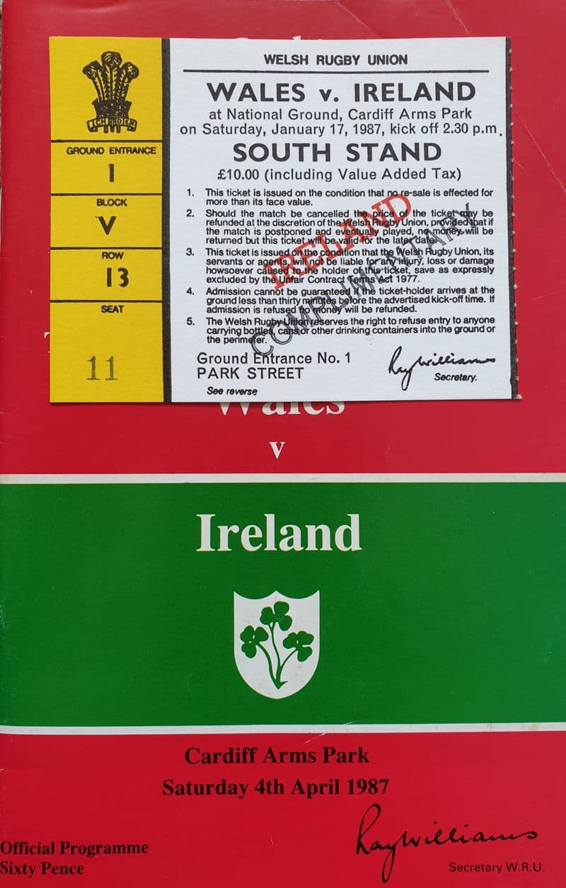 Wales v Ireland Programme (1987, 4th Apr) & Ticket