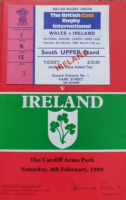 Wales v Ireland Programme (1989, 4th Feb) & Ticket