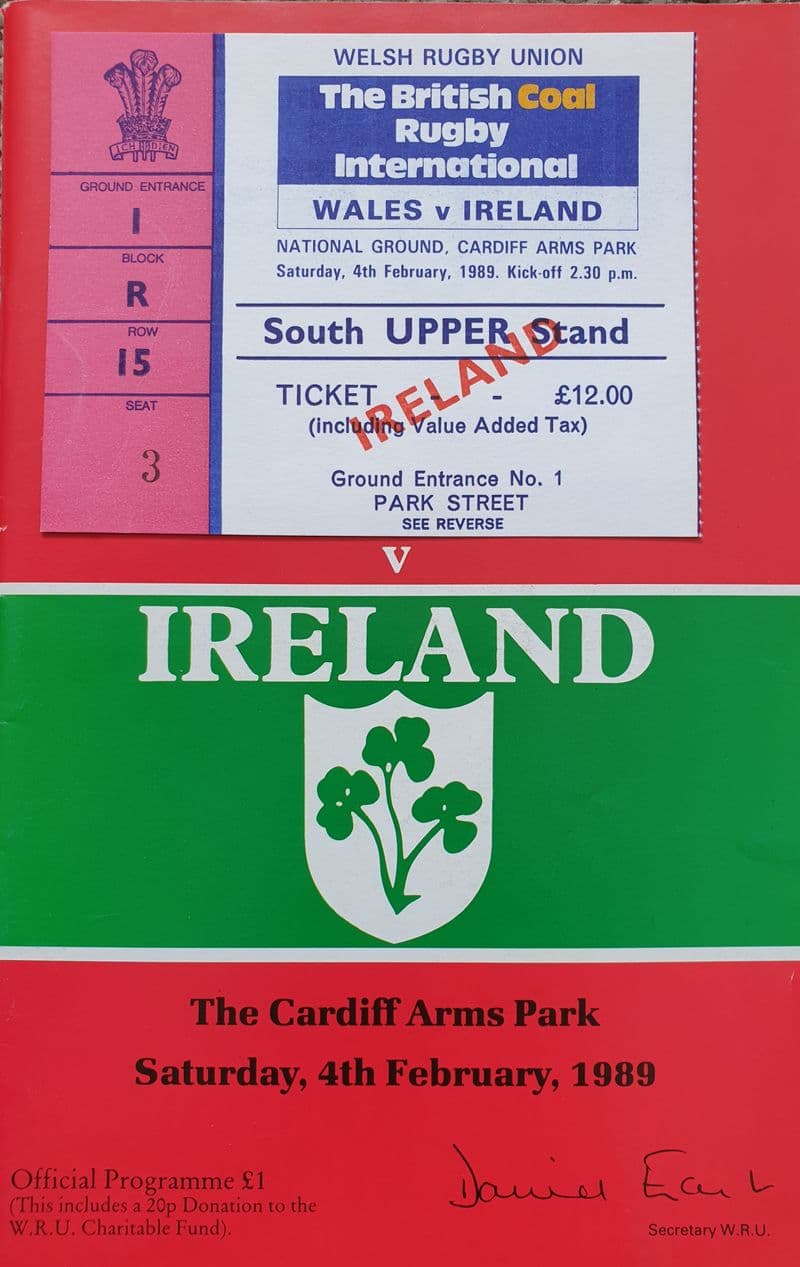 Wales v Ireland Programme (1989, 4th Feb) & Ticket