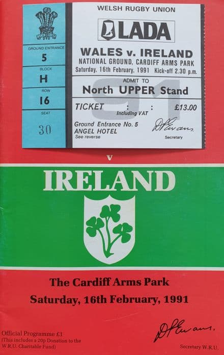 Wales v Ireland Programme (1991, Feb 16th) & Ticket