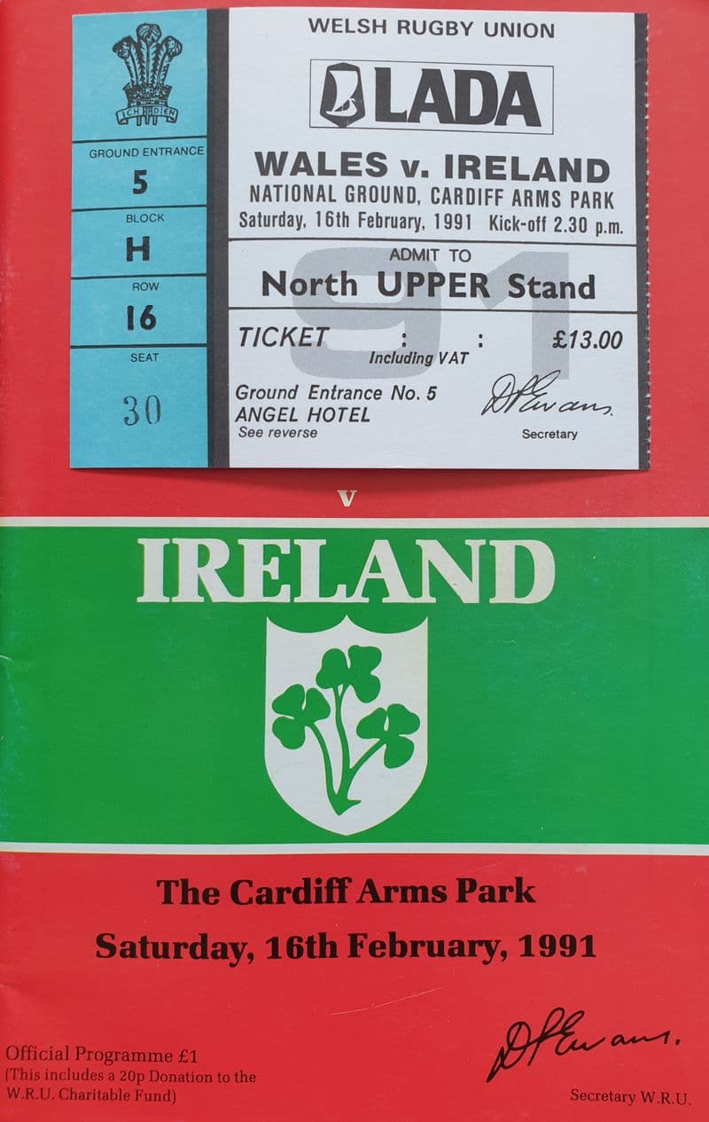 Wales v Ireland Programme (1991, Feb 16th) & Ticket