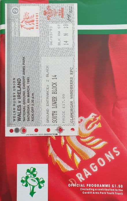 Wales v Ireland Programme (1993, Mar 6th) & Ticket