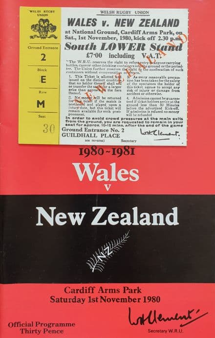 Wales v New Zealand (1980, 1st Nov) plus ticket