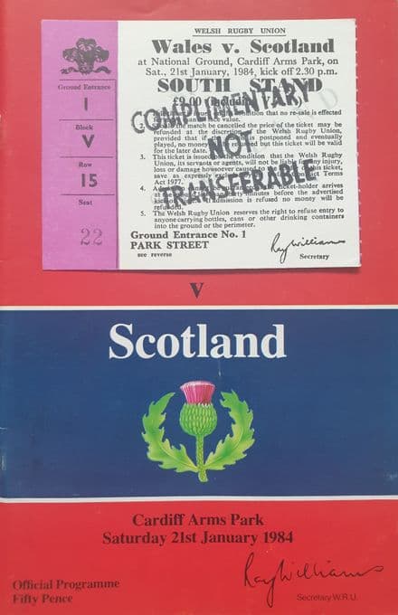 Wales v Scotland (1984, 21st Jan) plus ticket