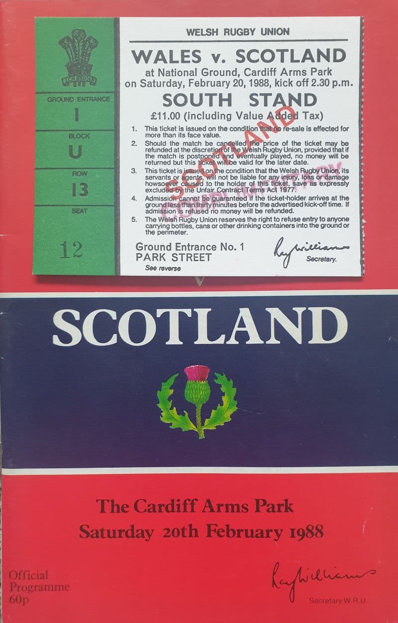 Wales v Scotland (1988, 20th Feb) plus Ticket