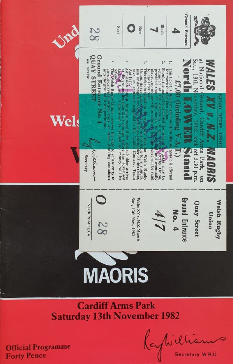 Wales XV v NZ Maoris (1982, Nov 13th) plus Ticket