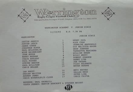 Warrington Academy v Junior Kiwis - Team Sheet (1993, Oct 11th)