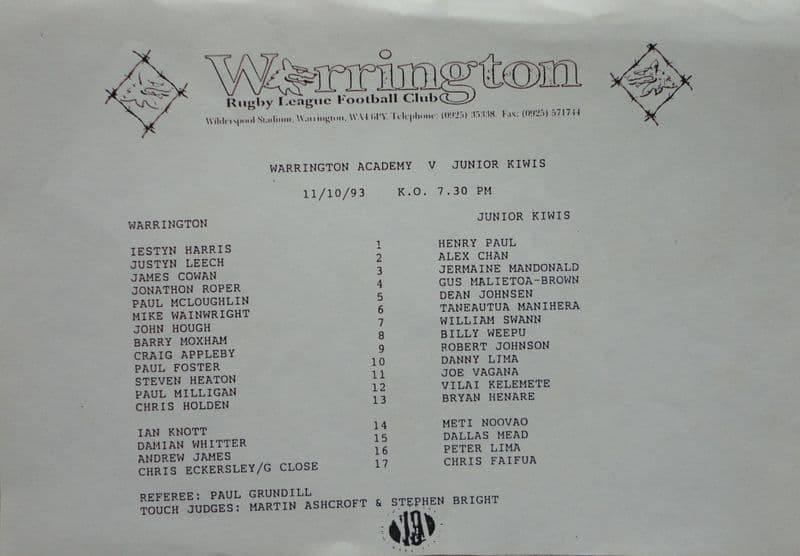 Warrington Academy v Junior Kiwis - Team Sheet (1993, Oct 11th)