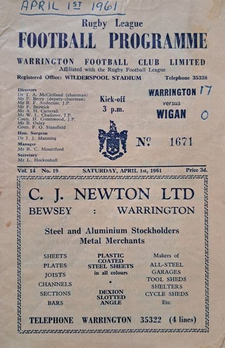 Warrington v Wigan (1961, Apr 1st)