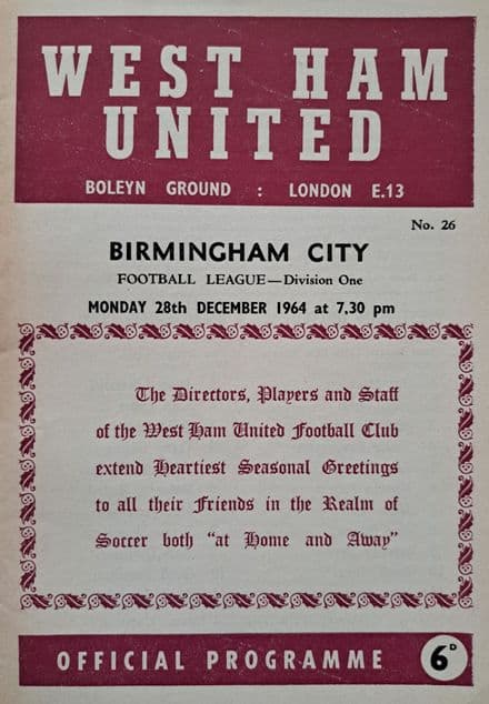 West Ham United v Birmingham, Div 1 (1964, Dec 28th)