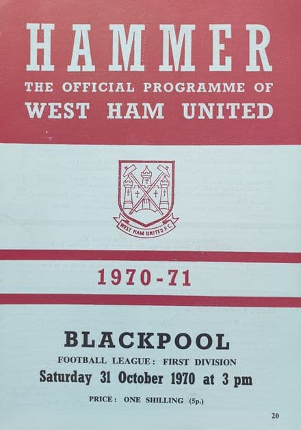 West Ham United v Blackpool, Div 1 (1970, Oct 31st)