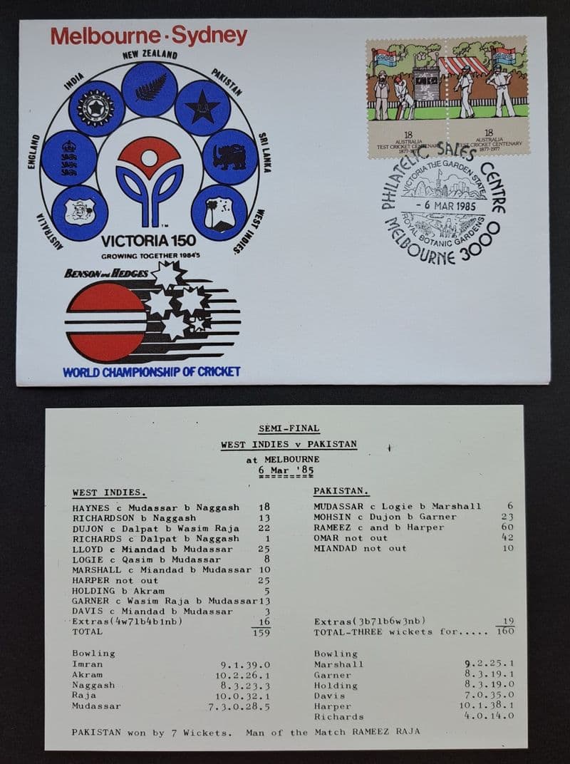 West Indies v Pakistan - WCC SF (1985, Mar 6th) FDC and Scorecard