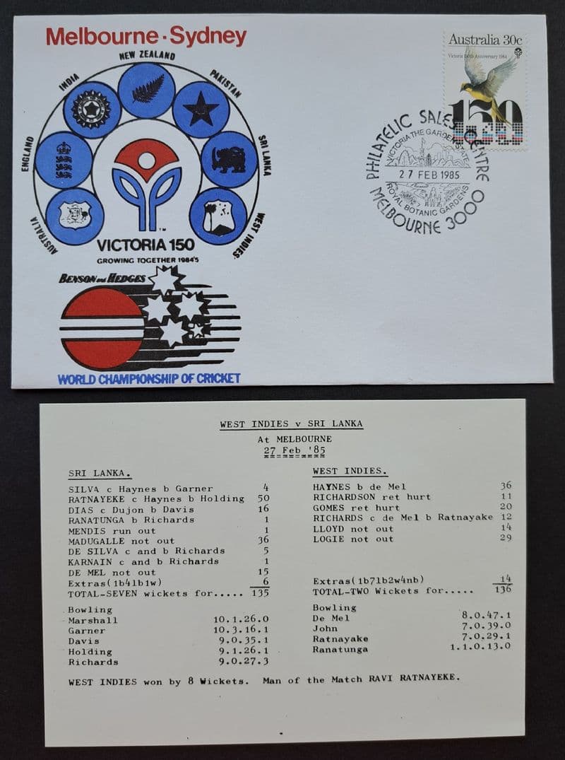 West Indies v Sri Lanka - WCC (1985, Feb 27th) FDC and Scorecard