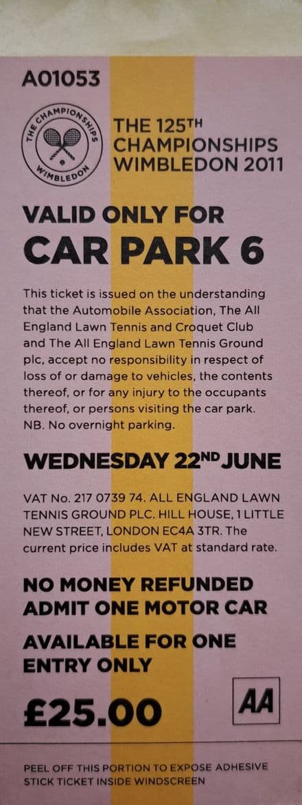 Wimbledon Car Park Tickets x2 (2011 & 2012)