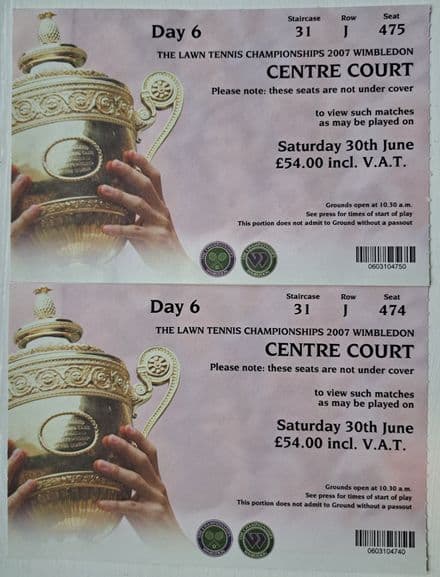 Wimbledon Centre Court Tickets x2 (2007, Jun 30th)