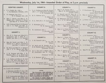 Wimbledon Championships Order of Play (1964, Jul 1st) Day 9