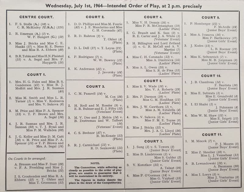 Wimbledon Championships Order of Play (1964, Jul 1st) Day 9