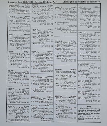 Wimbledon Championships Order of Play (1986, Jun 26th) Day 4