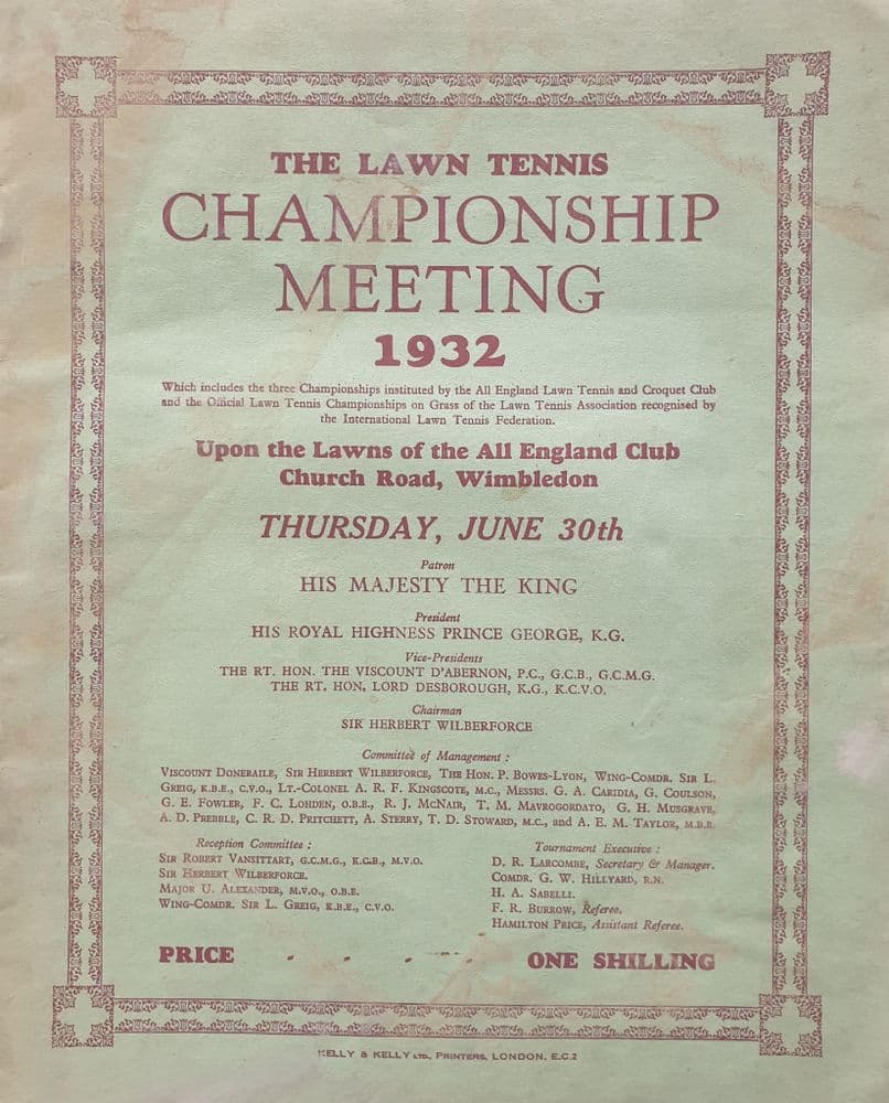 Wimbledon Championships Programme 1932 Jun 30th