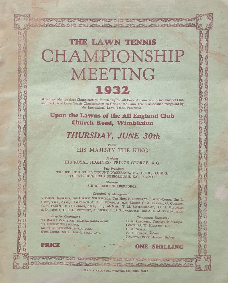 Wimbledon Championships Programme (1932, Jun 30th)