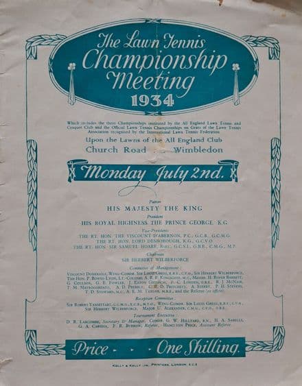Wimbledon Championships Programme (1934, Jul 2nd)