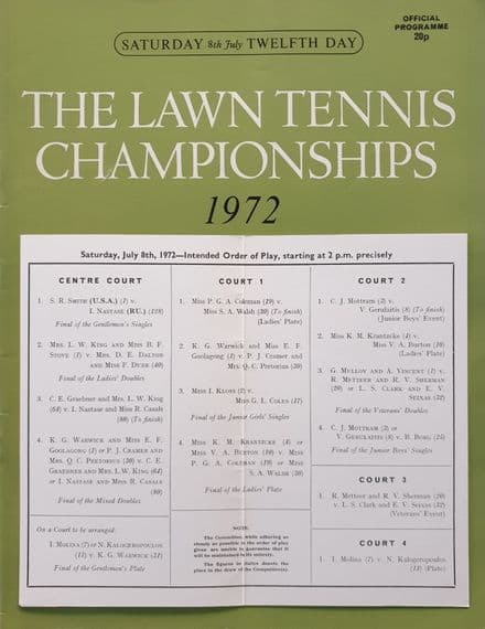 WImbledon Championships Programme (1972, Jul 8th, Final Day) & Order of Play