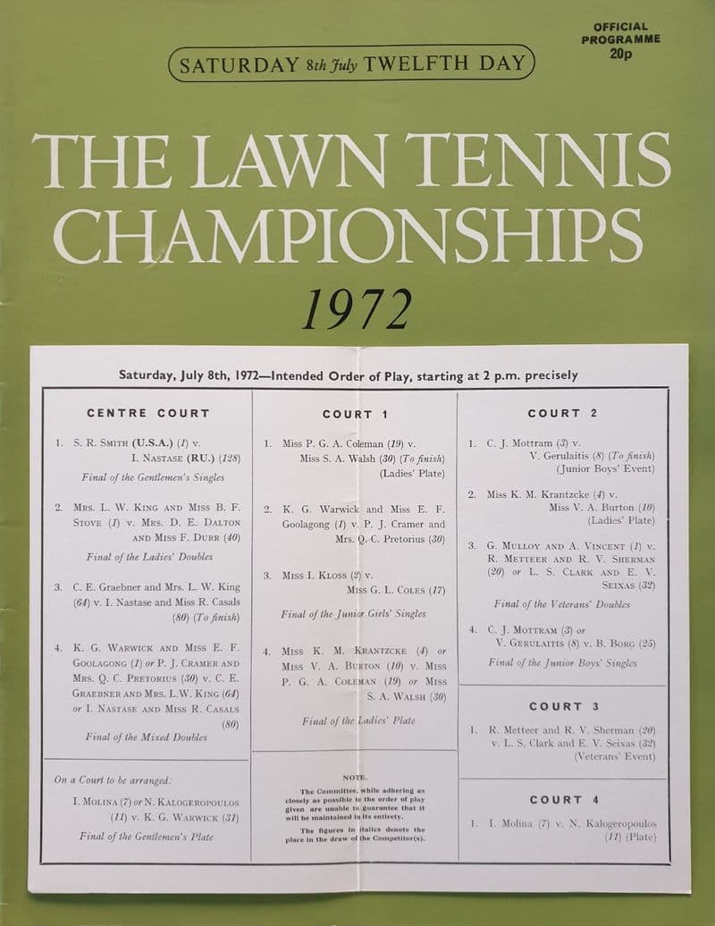 WImbledon Championships Programme (1972, Jul 8th, Final Day) & Order of Play
