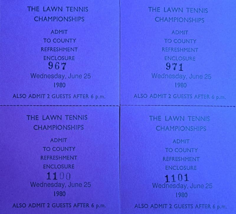 Wimbledon County Refreshment Tickets x4 (1980, Jun 25th)