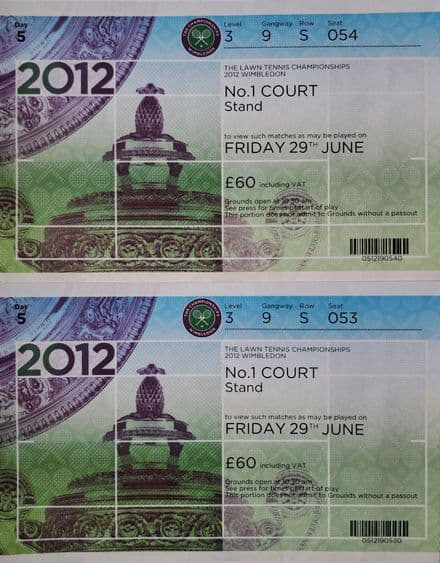 Wimbledon No.1 Court Tickets x2 (2012, Jun 29th)