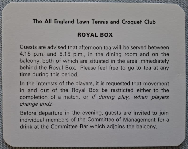 Wimbledon Royal Box Instructions Card