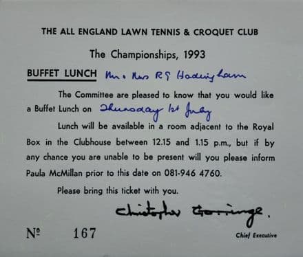 Wimbledon Royal Box Lunch Ticket, Buzzer Hadingham (1993, Jul 1st)