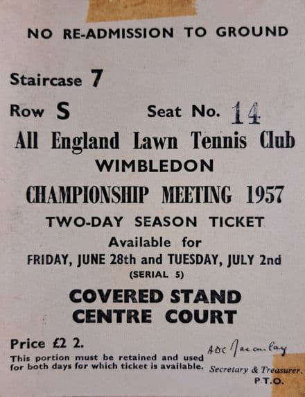 Wimbledon Two-day Season Ticket (1957, Jun 28th & Jul 2nd)