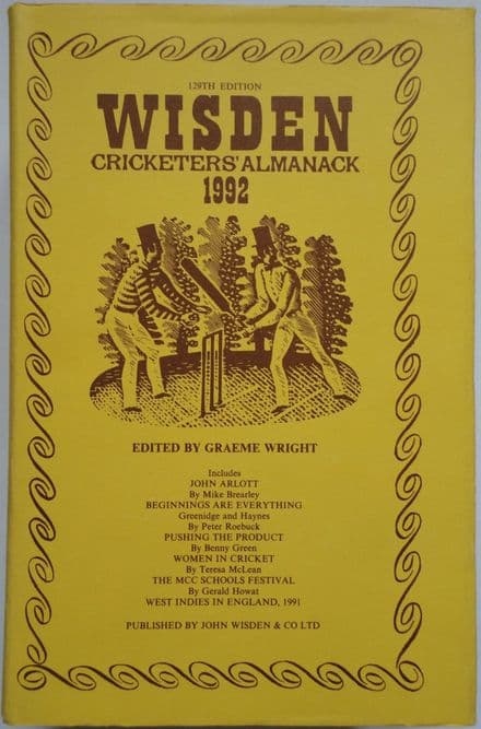 Wisden (1992) 129th Edition ed by Graeme Wright (Hard Cover - Good Condition