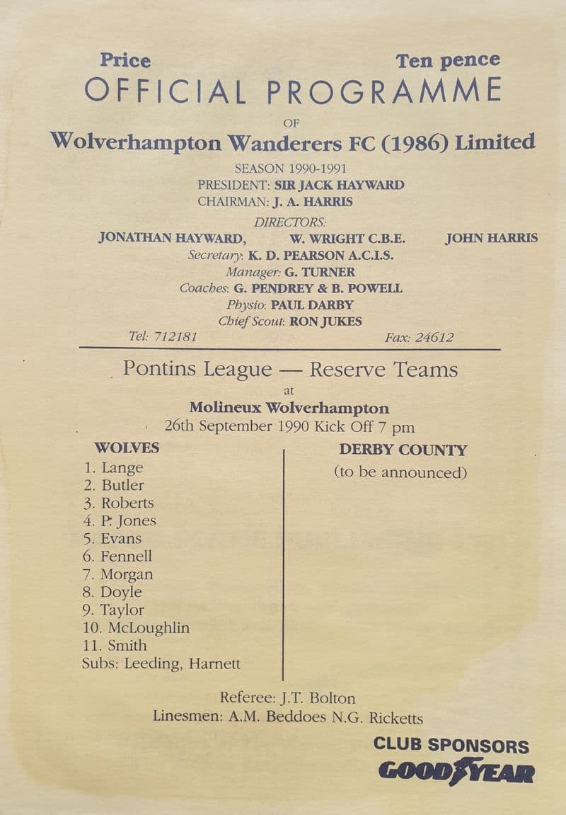 Wolves v Derby, Reserve (1990, Sep 26th)