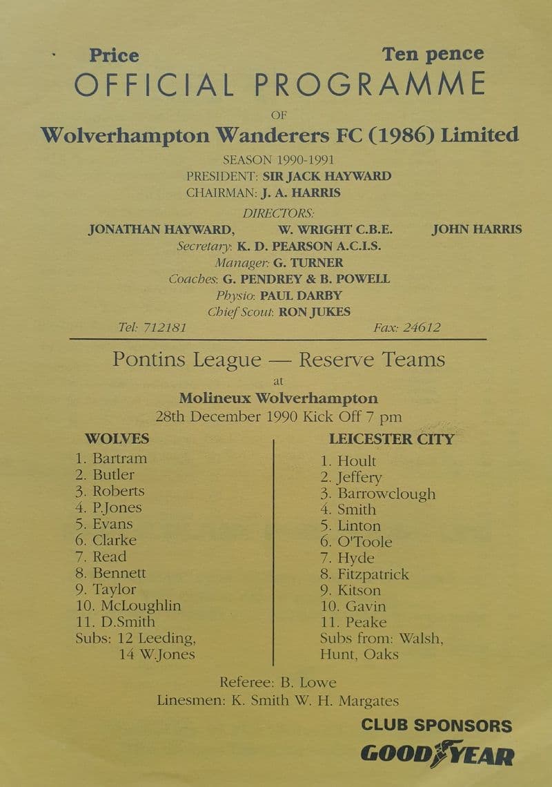 Wolves v Leicester City, Reserve (1990, Dec 28th)