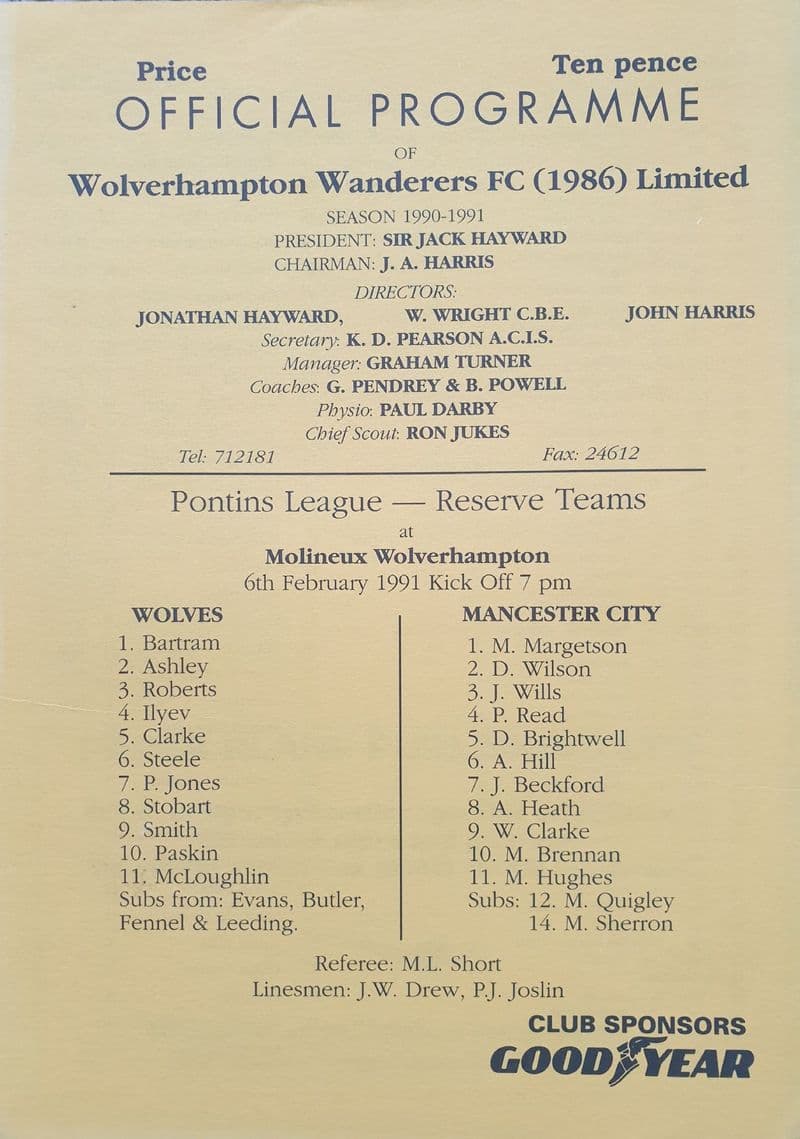 Wolves v Manchester City, Reserve (1991, Feb 6th)