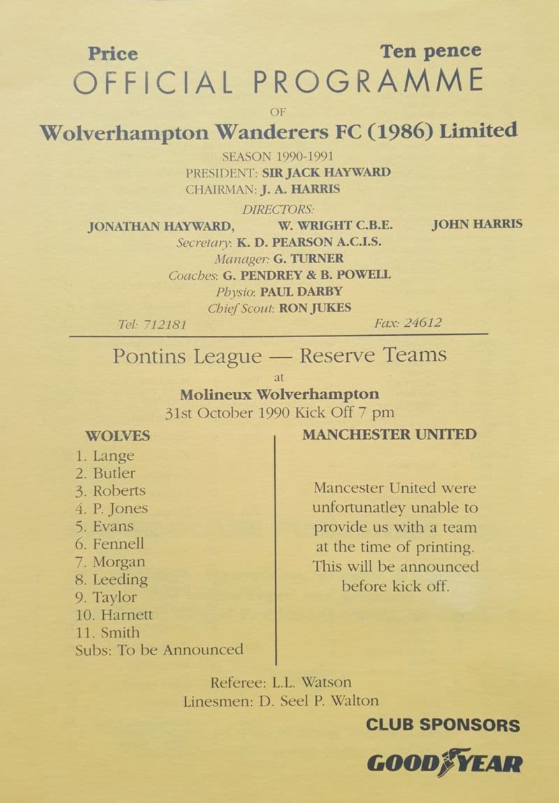 Wolves v Manchester United, Reserve (1990, Oct 31st)
