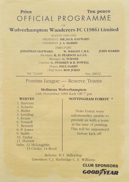 Wolves v Nottingham Forest, Reserve (1990, Nov 14th)