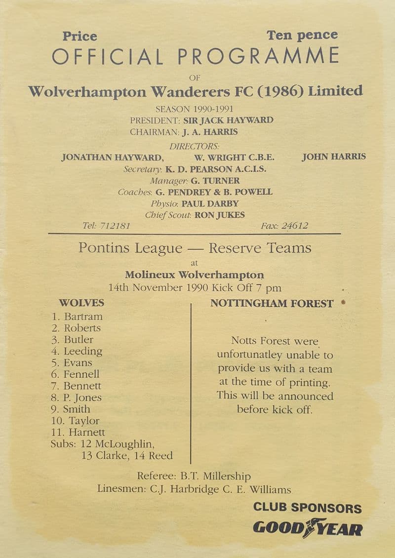 Wolves v Nottingham Forest, Reserve (1990, Nov 14th)