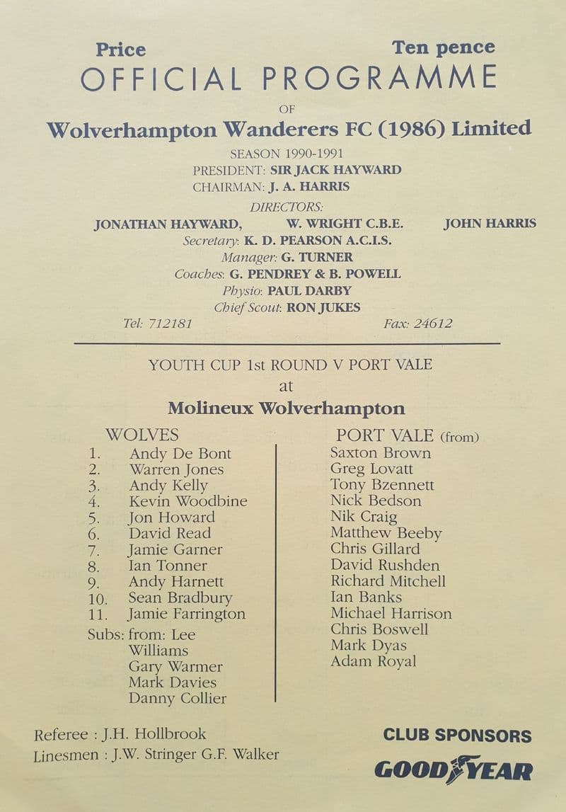 Wolves v Port Vale, Youth Cup (1990, Nov)