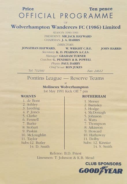 Wolves v Rotherham, Reserve (1991, May 1st)