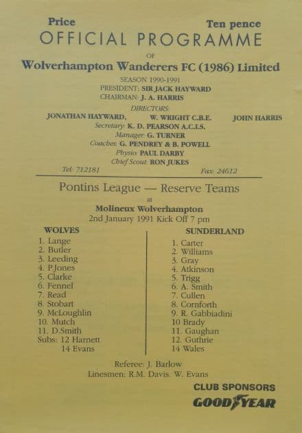 Wolves v Sunderland, Reserve (1991, Jan 2nd)